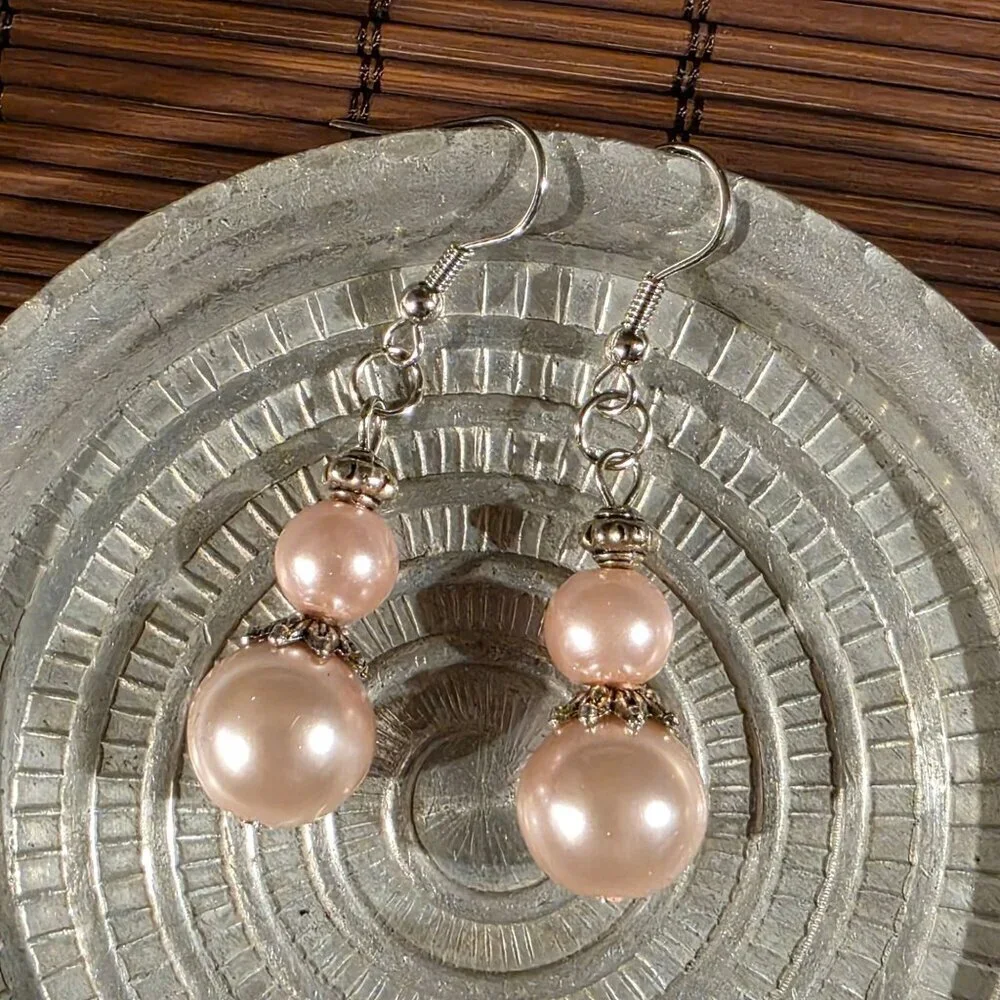 Handcrafted Light Pink Antiqued Silver Glass Pearl Drop Earrings